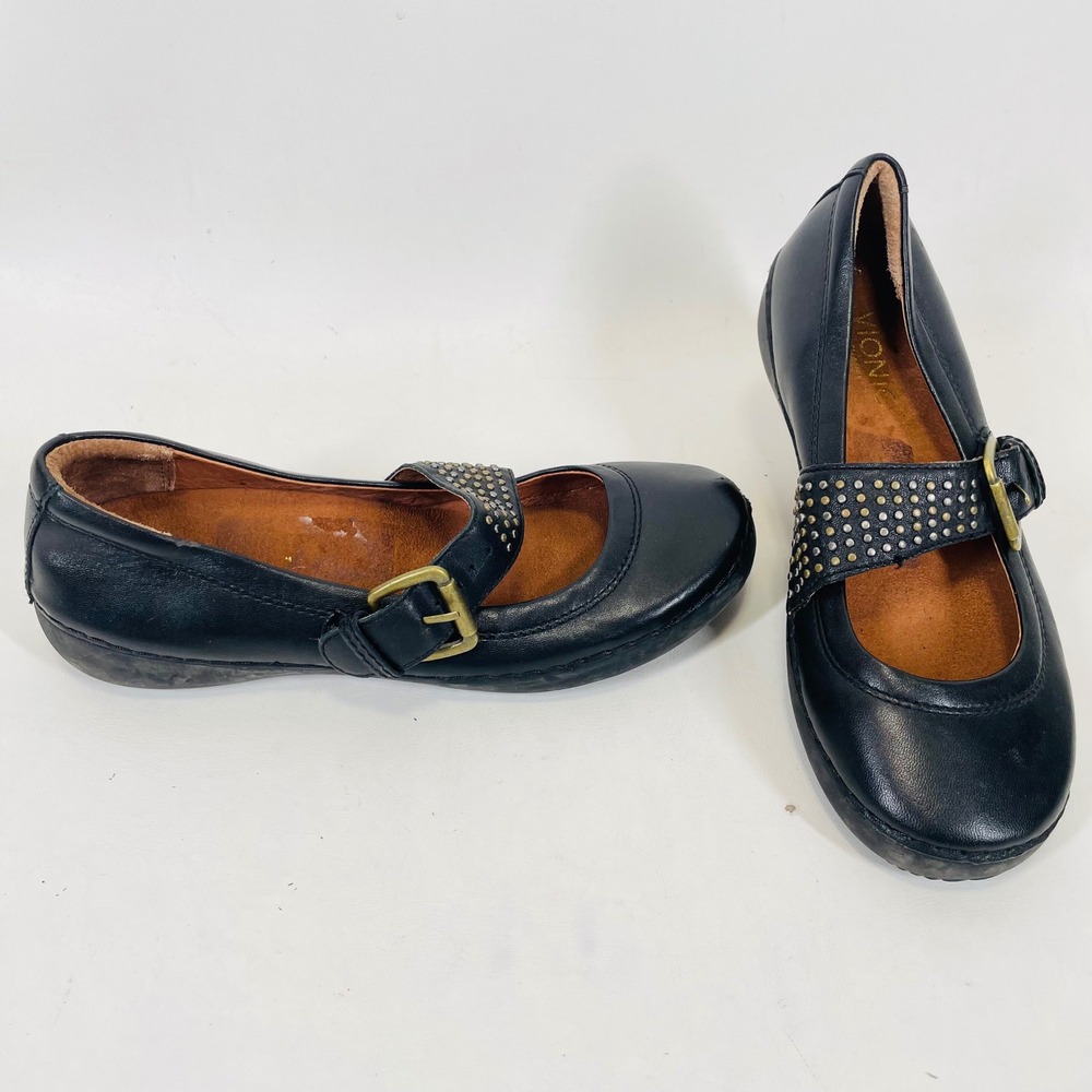 Vionic Goleta Black Leather Studded Mary Jane Orthaheel Flats Shoes 7 TVW4509
